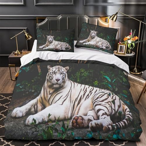 VOXYTMLWG Weiß Tiger Mikrofaser Weich 3D Gedruckt Bettwäsche 3 Teilig Fantasy Bettbezug mit Reißverschluss for Erwachsene,Frauen,Mädche n,Kinder Single?135x200cm?