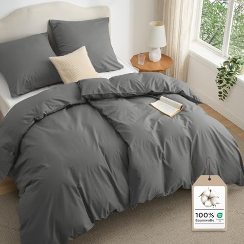 BEDSURE Bettwäsche 135x200 Baumwolle 4teilig - Bettwäsche-Sets Grau Bettbezug 2er Set mit 2 Kissenbezüge 80x80 cm, Oeko-TEX Bedding Anthrazit mit Reißverschluss