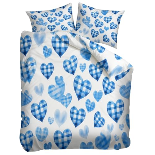 Marineblau Atmungsaktiv Bettwäsche 155 x 220 cm, Modern Elegant Kariert Herzen Drucken Mikrofaser Bettwäsche-Sets Anti-Pilling Bettbezug mit Reißverschluss, für Erwachsene Kinder