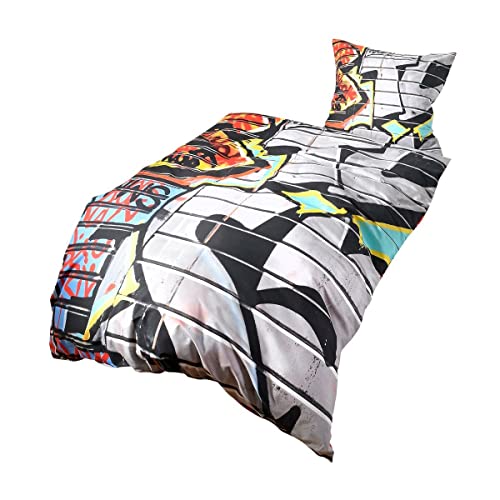 G BETTWARENSHOP Renforcé Bettwäsche Set Graffiti • mega Coole Bunte Jugendzimmer Bettwäsche NYC Street Art Design in 100% Baumwolle mit Reißverschluss • 135x200 cm + 80x80 cm
