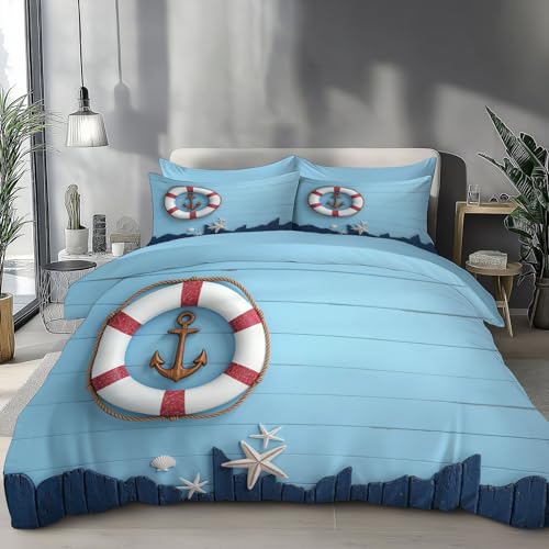 TDNEKMCA Bettwäsche Set Rettungsring Anker Bettbezug 135x200cm Holzwand 3D-Digitaldruck Bettwäsche-Sets 2 teilig Weiche Mikrofaser Bettbezug mit Reißverschluss und 1 Kissenbezug 80 x 80 cm,Hellblau