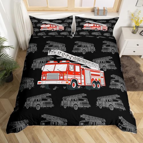 Loussiesd Feuerwehrwagen Bettwäsche Set 135x200cm für Kinder Jungs Teens Cartoon Feuerwehrmann Auto Fahrzeug Betten Feuerwehrmann Bettbezug