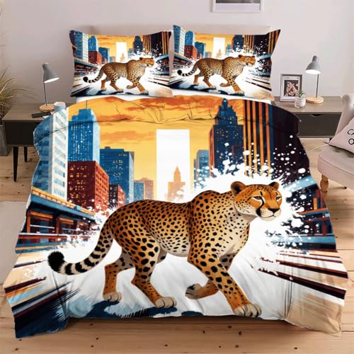 Dozrmey Bettwäsche Set 200x220 Tier Leopard, 3-teiliges Schlafzimmer-Set mit 1 Bettdeckenbezug + 2 Kissenbezügen, Waschmaschinenfest, knitterfest, mit verstecktem Reißverschluss H216