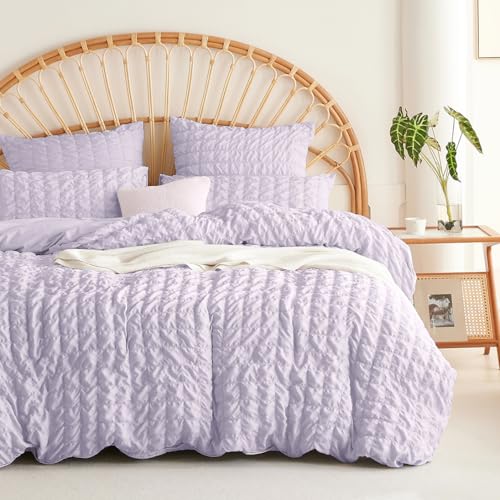 Covebett Seersucker Bettwäsche 155x220 Lila Flieder Uni Kariert Sommer Wendebettwäsche 2teilig Modern Chic Strukturiert Atmungsaktiv Microfaser Bettbezug und Kissenbezug 80x80cm mit Reißverschluss