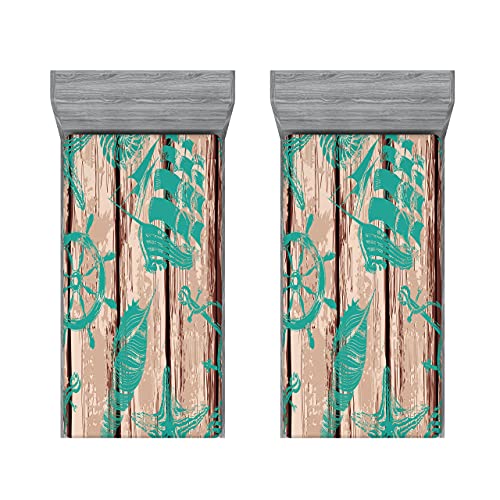 ABAKUHAUS Nautisch 2er-Satz Spannbetttuch, Shell Helm und Schiff, Soft Dekorativer Stoff Bettwäsche Rund-um Elastischer Gummizug, 90 cm x 200 cm, Türkis und Braun