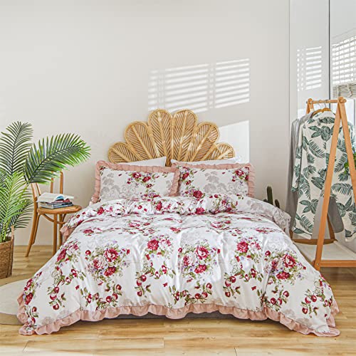 Herside Romantisch 240x220cm Rot Botanik Blumen Muster mit Rüschen Dekoration, 3 teilig Bettwäsche Set Microfaser Bettbezug und 2 Kissenbezug 80x80cm, Rose