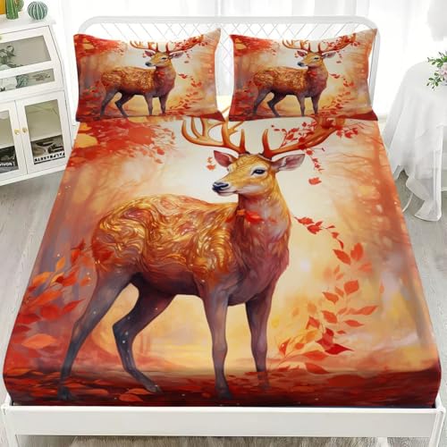 Kinder Erwachsener Spannbettlaken 120x200cm Tiefe Tasche 30cm Waldtier Hirsch Weiches Spannbetttuch Atmungsaktiv Rot Orange Bettwäsche für Boxspringbetten mit 2 Kissenbezügen Kinder Erwachsener Spannbettlaken 120x200cm Tiefe Tasche 30cm Waldtier Hirsch Weiches Spannbetttuch Atmungsaktiv Rot Orange Bettwäsche für Boxspringbetten mit 2 Kissenbezügen