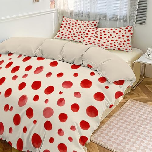 MULERN Unregelmäßig Rote Punkte Muster Bettwäsche 3teilig, Aquarell 1 Bettbezug 135x200cm + 2 Kissenbezüge 80X80 cm, Creme Bettwäsche-Sets Mikrofaser mit Reißverschluss