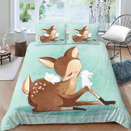 BettwäSche 135x200 Cartoon-Hirsch Bettbezug Set 3 Teilig Kind Flauschig BettbezüGe und 2 Kissenbezug 80x80, Allergiker BettwäSche-Sets Weiche Microfaser mit ReißVerschluss ba1736