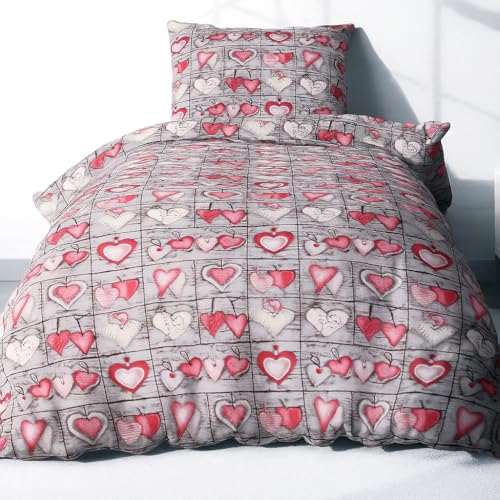 Heubergshop 2 teilige Seersucker Bettwäsche 155x220cm 80x80cm   Love, Liebe, Herzen, in rot grau   Bettgarnitur, 100% Baumwolle, bügelfrei (EW 358/1)