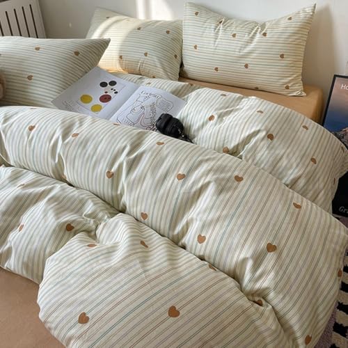 Freyamy Bettwäsche 155x220cm Khaki Bunt Streifen Herz Wendebettwäsche Liebe Mädchen Bettwaren-Sets 100% Microfaser Bettbezug mit Reißverschluss und Kissenbezug 80x80cm