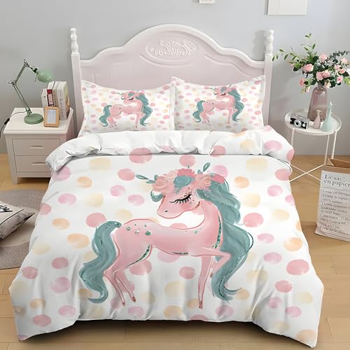 PNHCL Rosa Pferd Bettbezug 220x240 Polka-Punkte Bettwäsche Set mit 2 Kissenbezüge 80x80 Tier-Cartoons Weich Bügelfrei Bettbezüge für Jungen Mädchen Teenager MT325