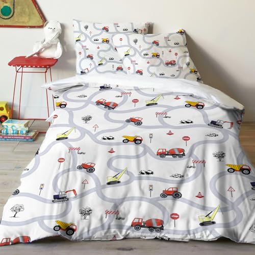 Yasida Autos KinderbettwäSche 135x200 Jungen Traktor Mikrofaser BettwäSche Mit Verkehrsschildern Und StraßEn FüR Jungen Teenager Bagger BettwäSche 135x200cm Mit ReißVerschluss+1Kopfkiss enbezug 80x80cm