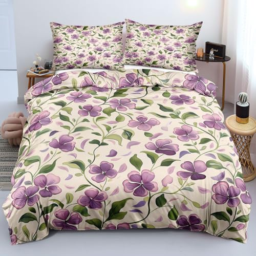Lila Bettbezug 135x200 mit Blumenmuster – Wendbares, Elegantes, Rustikales Bettwäsche 135x200 mit Botanischem Motiv für Kinder, Mädchen und Frauen, Schicker Bettbezug Im Landhausstil mit Naturmot