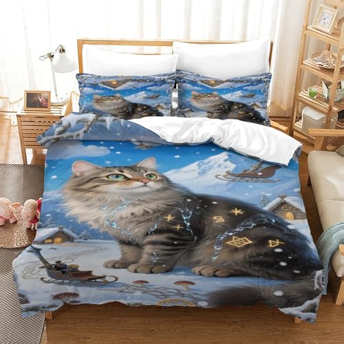 CHUIYUFULAN Norwegian Forest Katze Bettbezug Set Bettwäsche Kinderbettwäsche-Set Reißverschluss Mit Kissenbezügen, Betten Set Für Jungen Und Mädchen, Kinder Single?140x200cm?