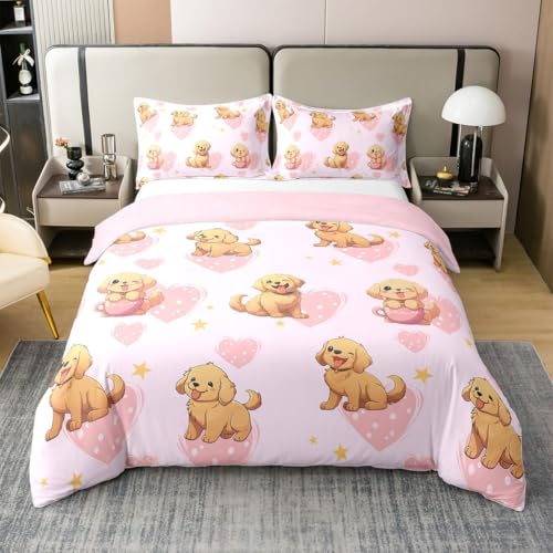 Welpen Hund 100% Baumwolle Bettbezug 135x200,Golden Retriever Bettwäsche Set für Kinder Jungen Mädchen,Cartoon Hunde Bett Sets,Aquarell Rosa Bettbezug mit 1 Kissenbezug Atmungsaktiv,Kein Trost