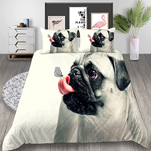 PUOJIEAT Bettwäsche 155x220 Mops, 3D Bettbezug Lustig Mikrofaser Bettwäsche Set, Bettwäsche-Sets 155x220 + 2 Kissenbezug mit Reißverschluss OPQ4982