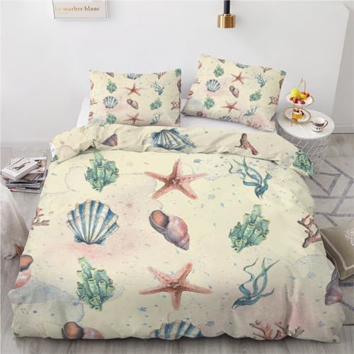 RFFLUX 3D Ozean Maritim Bettwäsche 200x200 cm 3teilig Microfaser Wendebettwäsche Seesterne Muscheln Bettbezug Sommer Weich und Angenehme Bettbezüge Set mit 2 Kissenbezug 80x80 cm?Stil 22-19?