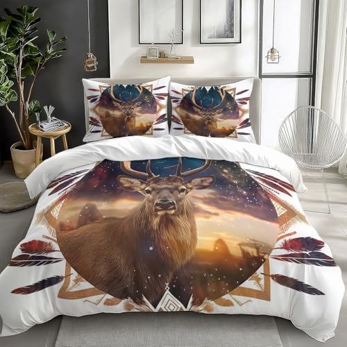 Bettwäsche-Sets 155 x 220 cm Tier Hirsch Pfeil Grenze Bettwäsche Weiche Mikrofaser Allergiker 3 Teilig Bettbezug mit Reißverschluss, Wendebettwäsche für Kind Paar, Weiß