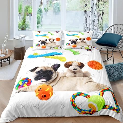 Süßer Mops Bettwäsche 135x200 Kinder Tiere Bettbezug 3D Weiche Mikrofaser 3 Teilig Bettwäsche-Sets mit Reißverschluss und 2 Kissenbezüge 80x80 cm F.3698