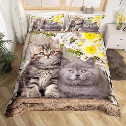 Generisch Bettwäsche 200x200 Graue Katze Bettwäsche-Sets 3D Prin-Bettwäsche 200x200 cm – Mikrofaser-1Bettbezug + 2 Kissen 80x80, für Mädchen Jungen weich & pflegeleicht