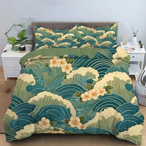 JEDTAKCT Sakura-Wellen Bettwäsche 135X200Cm - Sommer Wendebettwäsche Mikrofaser Mädchen Und Jungen - Japanisches Ukiyo-E Bettwäsche Set - Weich Bügelfrei - Sets Türkis Mit Reißverschluss