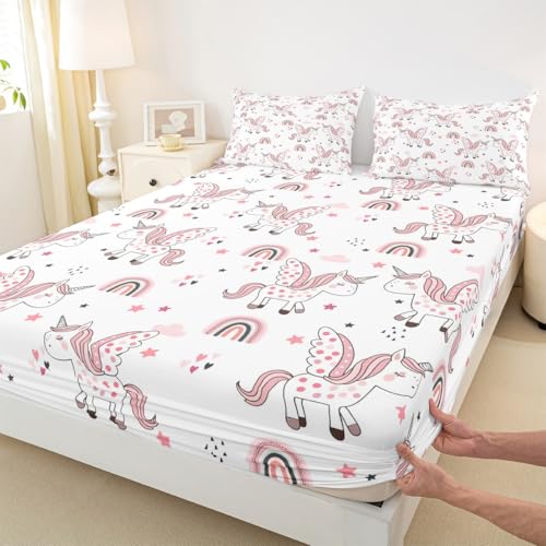 Einhorn Kinder Bettwäsche Set S Größe,Pink Rainbow Stars Cloud Print Spannbettlaken Mädchen Teens Zimmer Dekor,Träumiges Einhorn Bettlaken Pink Dots Tiefe Tasche Blatt,1 Kissenbezug