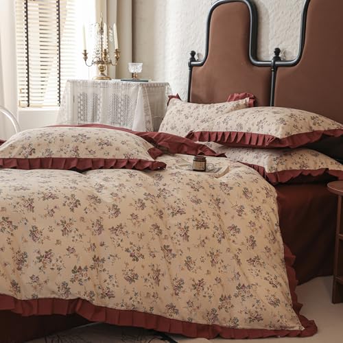 Yaofeiou Weinrot Rüschen Bettwäsche 155x220 Baumwolle Blumen Bettwäsche mit Rüschen Bettbezug für Damen Mädchen Beige Weinrot Wendebettwäsche Blumenmuster mit 1 Kissenbezug 80x80
