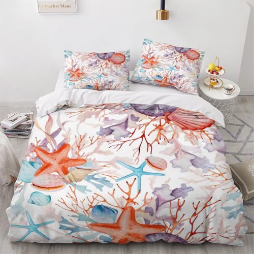 Generisch 3D Maritime Bettwäsche 155x220 cm 3teilig Seestern Muschel Bettbezug mit Reißverschluss 100% Mikrofaser Leicht Atmungsaktive Bettwaren Set mit 2 Kissenbezüge 80x80?Muster 33-20?