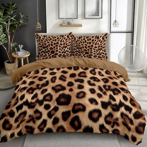 CozyRest Bettwäsche Set 135 x 200 cm Modischer Leopardendruck Bettbezug 3 teilig Weich Mikrofaser Bettwaren, Braun Bettwäsche-Set für Kinder Teenager ReißVerschluss Mit 2 Kissenbezug 80x80 cm