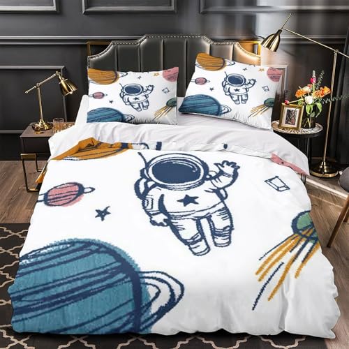 FPAKAKIIE Weltraumabenteuer der Astronauten 3D Bedruckt Bettbezug 3teilig Mikrofaser Abriebfest Handgezeichnete Kinder Deckenbezug 2 Kissenbezüge fleckenfest Jugendzimmer Deko Single?140x200cm?