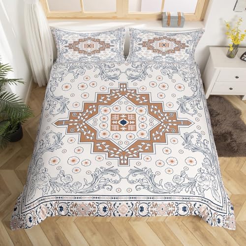 Homewish Vintage Blumen Bettbezug 155x220 Aztek Blume Boho für Kinder Erwachsene Bettwäsche Bauernhaus Blumen Bedding Jugendliche Beige Braun Blaue Ästhetik Bettwäsche Set Mikrofaser 2 teilig
