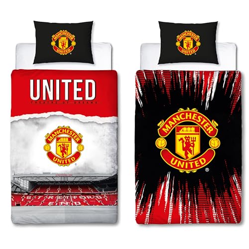 Manchester United FC Offizielles Bettwäsche-Set für Einzelbett, Theater-Design, wendbar, 2-seitig, Fußballstadion, offizielles Lizenzprodukt, inkl. passendem Kissenbezug, Rot Manchester United FC Offizielles Bettwäsche-Set für Einzelbett, Theater-Design, wendbar, 2-seitig, Fußballstadion, offizielles Lizenzprodukt, inkl. passendem Kissenbezug, Rot