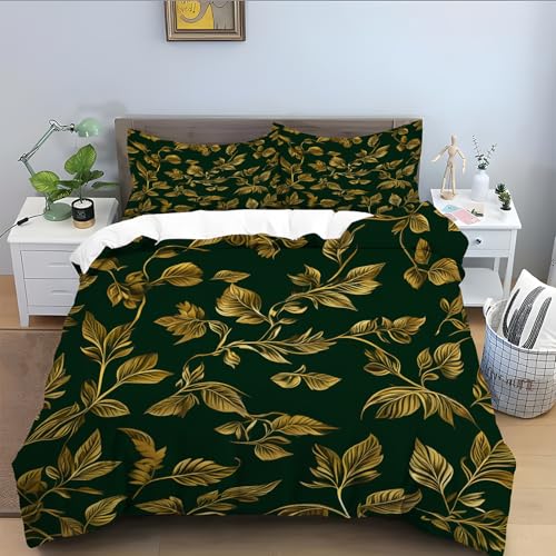 Bettwäsche 200x220 für Blatt,Schwarz Bettwäsche Set 3 Teilig, Mikrofaser Bettbezug 200x220, Bettbezüge mit Reißverschluss Schließung und 2 Kissenbezug 80x80 cm-Gold A236