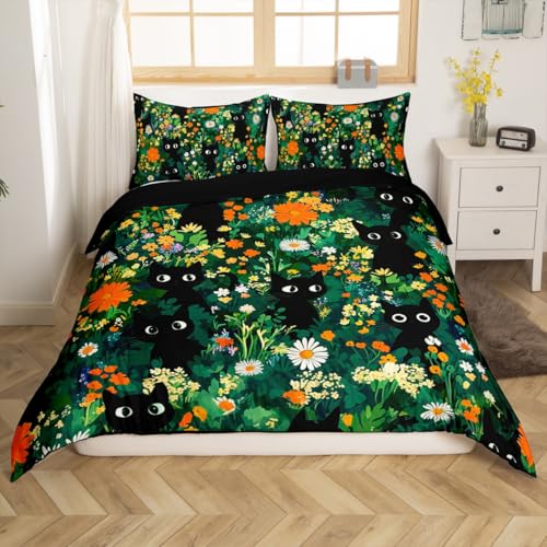 Homemissing Schwarze Katze Bettwäsche Set 135x200cm Nettes Kätzchen Betten Set für Kinder Jungen Mädchen Blumendruck Bettbezug Set Haustier Tier Schlafzimmer Sammlung 2Stück