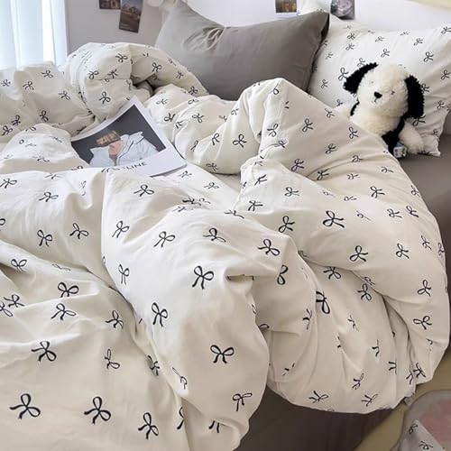Covebett Bettwäsche 135x200 Baumwolle Weiß mit Schwarz Schleifen Aesthetic Bettbezug Set 2 Teilig Schleifenmuster Romantisch Mädchen Weich Bettwäsche-Sets mit Kissenbezüge 80x80 cm und Reißverschluss