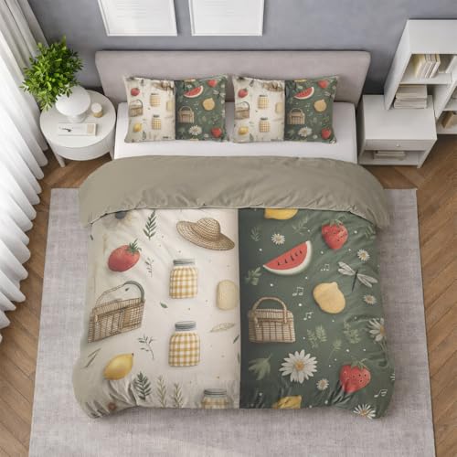 Traumhaft weiches Bettwäsche 200 x 200 cm, Landhausstil Picknick Elemente Sommer Langlebig Maschinenwaschbar Bettwäsche Set mit Wendemotiv für Spielzimmer, Salbeigrün, 3 teilig mit Kissenbezüge