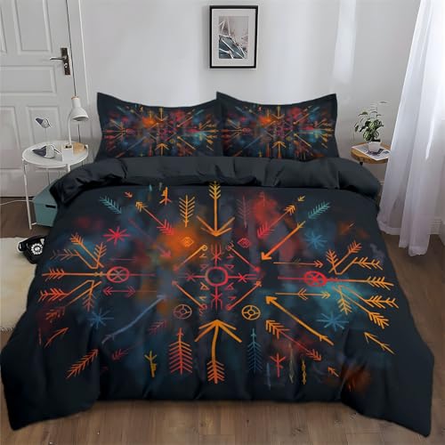 Bettwäsche 135 cm x 200 cm Wikingerrunen Geometrische Pfeile Schwarz, Weich Atmungsaktiv Bettwäsche-Set 3teilig mit Reißverschluss, Bedruckter Wende Bettbezug Set für Schlafzimmer Dekoration