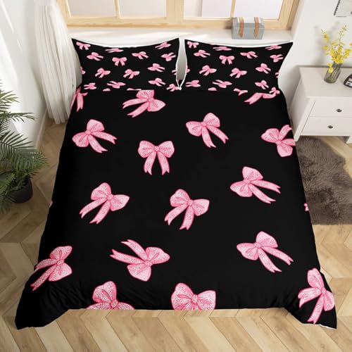 feelingyou Schöne Bowknot M Größe Bettbezug Set, Girly Bow Pink Leopard Print Reversible Tröster Bezug mit 1 Kissenbezug, Nette Prinzessin Stil Schwarz Atmungsaktive Bettwäsche Set (Nicht Tröster)