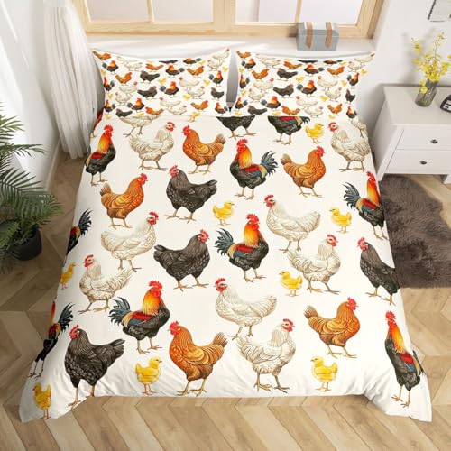 Homemissing Landhaus Bettbezug Set Hühnchen Bettwäsche Set 135x200cm für Jungen Mädchen Bauernhof Tier Bettwäsche-Set Schlafzimmer Dekor 2Stück
