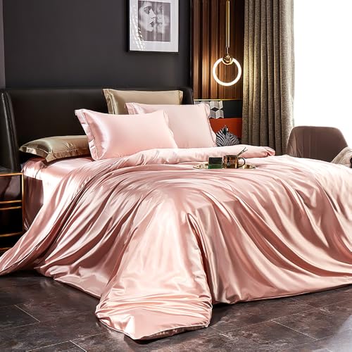 Covebett Satin Bettwäsche 140x200 Rosa Uni Glatt Luxus Seide Aesthetic Seidenbettwäsche Set Mädchen Einfarbig Glänzend Glanzsatin Microfaser Sommer Bettbezug und Kissenbezug 70x90 cm Reißverschluss