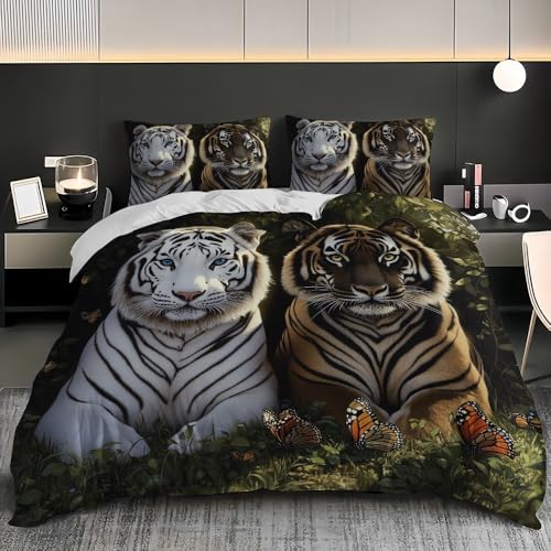 Bettbezug 180x200 cm Weich Bügelfrei Erwachsene Bettwäsche 3-teiliges - GrüNer Dschungel Bettwäsche-Sets mit 2 Kissenbezug 80x80, Tier-Tiger-Muster Bettbezug für Einzelbett mit Reißverschluss