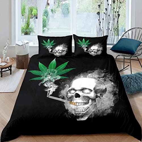 Loussiesd Marihuana-Weed-Blatt-Bett wäsche-Set für Teenager Gothic-Schädel Skelett komplett Jungen Männer Jugend Schlafzimmer Dekor grün Cannabis rauchig Bettwäsche 135x200cm schwarz weiß
