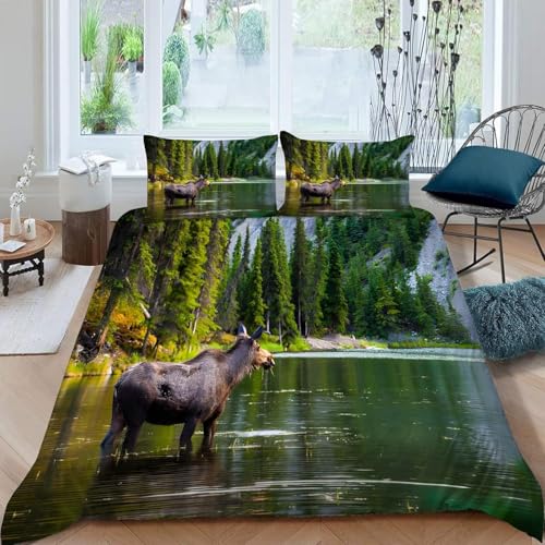 Elch Bettwäsche 200x200 Wald- und Seeblick Bettwäsche-Sets für Mädchen Jungen Kinder Weiche Mikrofaser 3D Drucken Bettbezug mit Reißveschluss und 2 Kissenbezüge P-1699