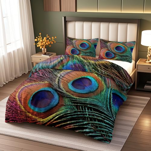 Pfauenfeder Bettwäsche 135x200cm Boho Exotisches Thema 3 Teilig Aqua Blau Türkis Bettbezug Bettwäsche-Sets Knitterfrei Weich Mikrofaser mit 2 mal Kissenbezüge 80x80 cm,mit Reißverschluss