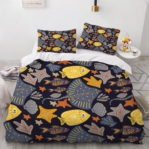 Generisch 3D Maritime Bettwäsche 200x200 cm 3teilig Abstrait Fische Bettbezug mit Reißverschluss 100% Mikrofaser Leicht Atmungsaktive Bettwaren Set mit 2 Kissenbezüge 80x80?Muster 70-1?