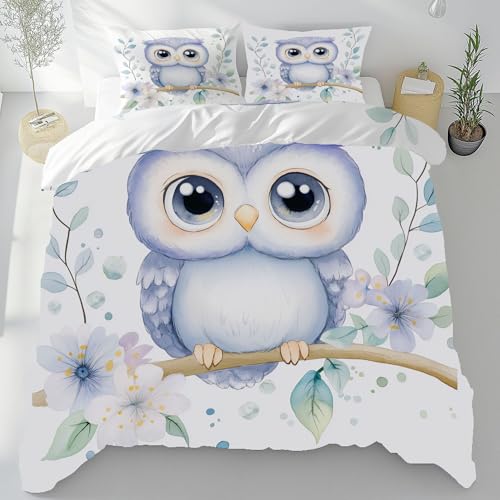 Bettwäsche 135x200 Niedlich Eule 3teilig Bettbezugmit, Blumenmuster Wendebettwäsche, Tiere Drucken Mit Reißverschluss Bedding Und 2 Kissenbezüge 80x80?sf152?
