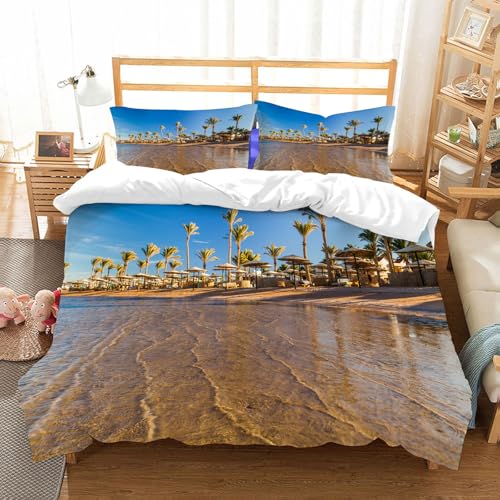 NIOYNJIS Bettwäsche Set 100% Baumwolle ist,Schöner Sandstrand mit Palmen bei Sonnenuntergang Ägypten Tolles Stück,und allem auch für Personen mit Hautsensibilisierung empfohlen 152x203cm