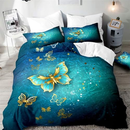 Goldener Schmetterling Bettwäsche 135x200 Kinder Türkis Bettbezug 3D Weiche Mikrofaser 3 Teilig Bettwäsche-Sets mit Reißverschluss und 2 Kissenbezüge 80x80 cm A.242
