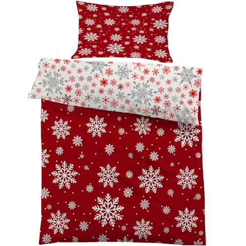 Kinderbettwäsche 100x135 cm Bettwäsche Set Weihnachts Schneeflocken Weich Bettbezug 2 Teilig mit Reißverschluss - Rot Graues Muster Kinder Bettbezüge 100 x 135 cm + 1 Kissenbezug 40x60 cm